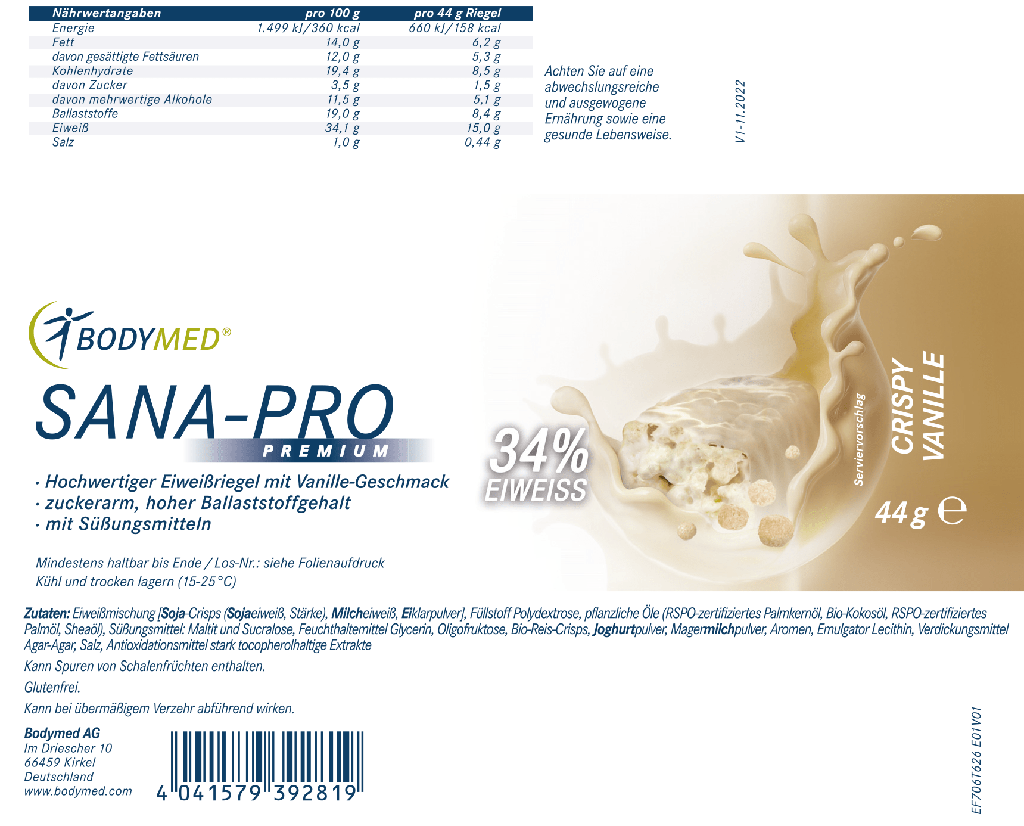 Bodymed Riegel SANA-PRO Premium Crispy Vanille im Shop kaufen