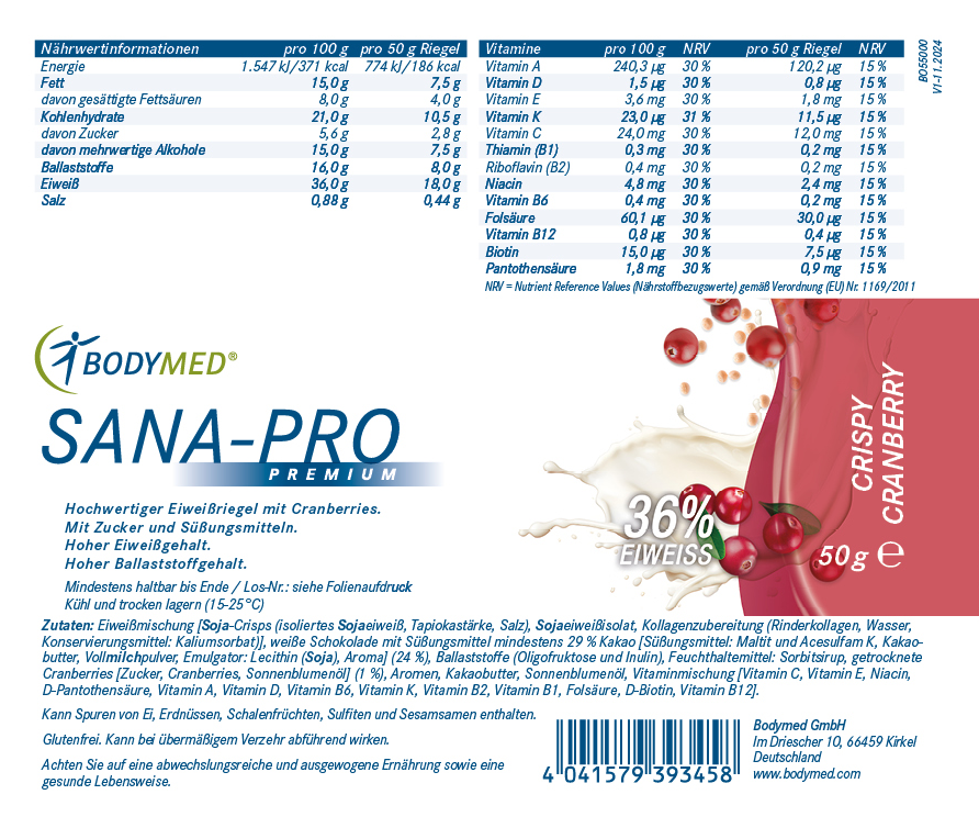 Bodymed Riegel SANA-PRO Premium Crispy Cranberry